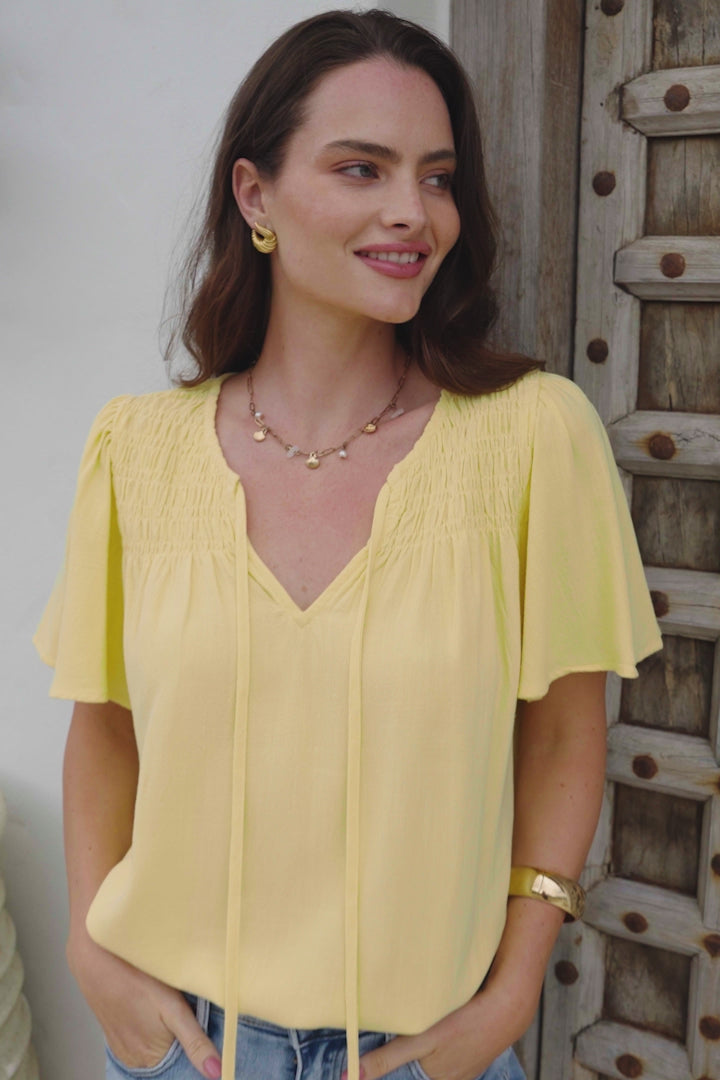 Kendra Top- V Neck Short Sleeve Top with Necktie in Lemon