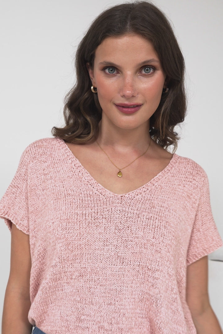 Millicent Knit Top - Relaxed V-Neck Top with Ribbed Hemline in Blush
