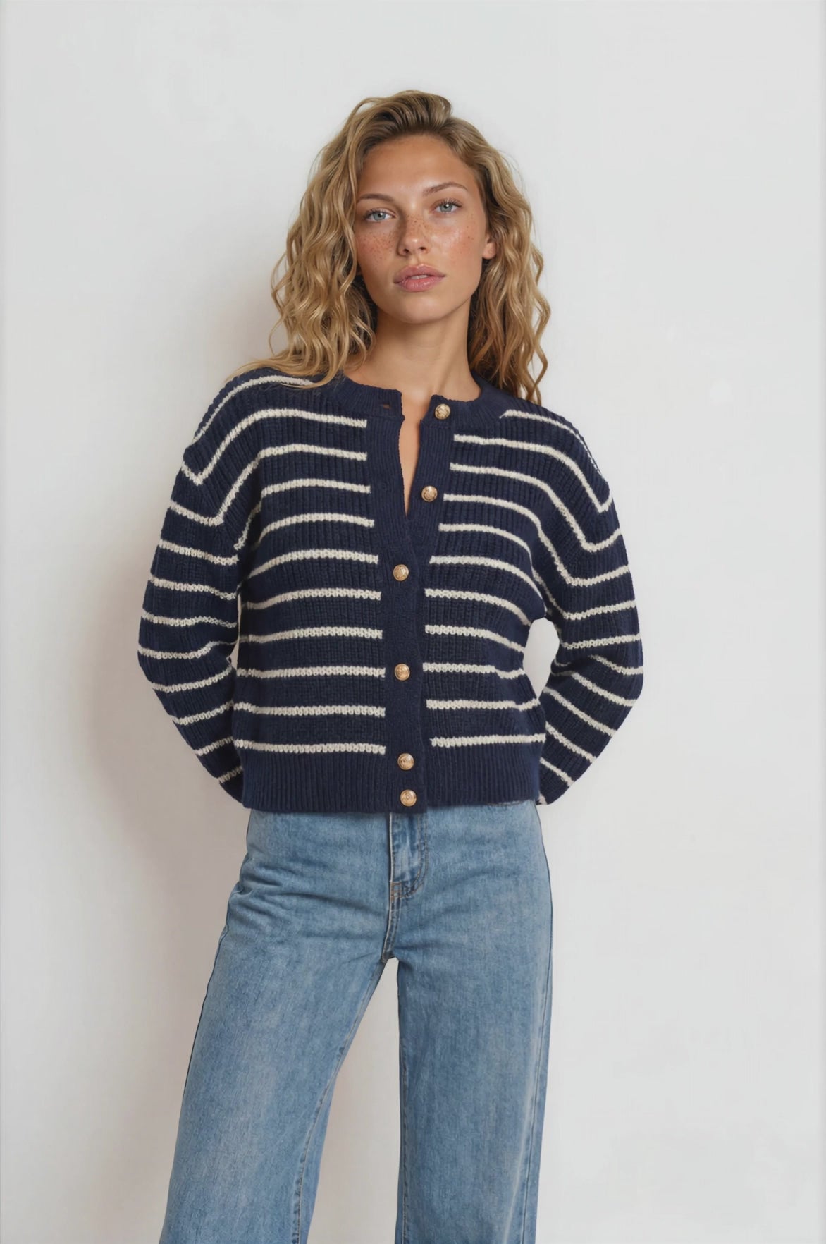 Opal Cardigan - Crew Neck Ribbed Stripe Gold Button Detailed Knit in Navy
