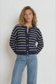 Opal Cardigan - Crew Neck Ribbed Stripe Gold Button Detailed Knit in Navy