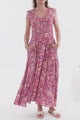 Bindy Midi Dress - V-Neck Elasticated Bodice Frill Cap Sleeve Dress in Doralee Print