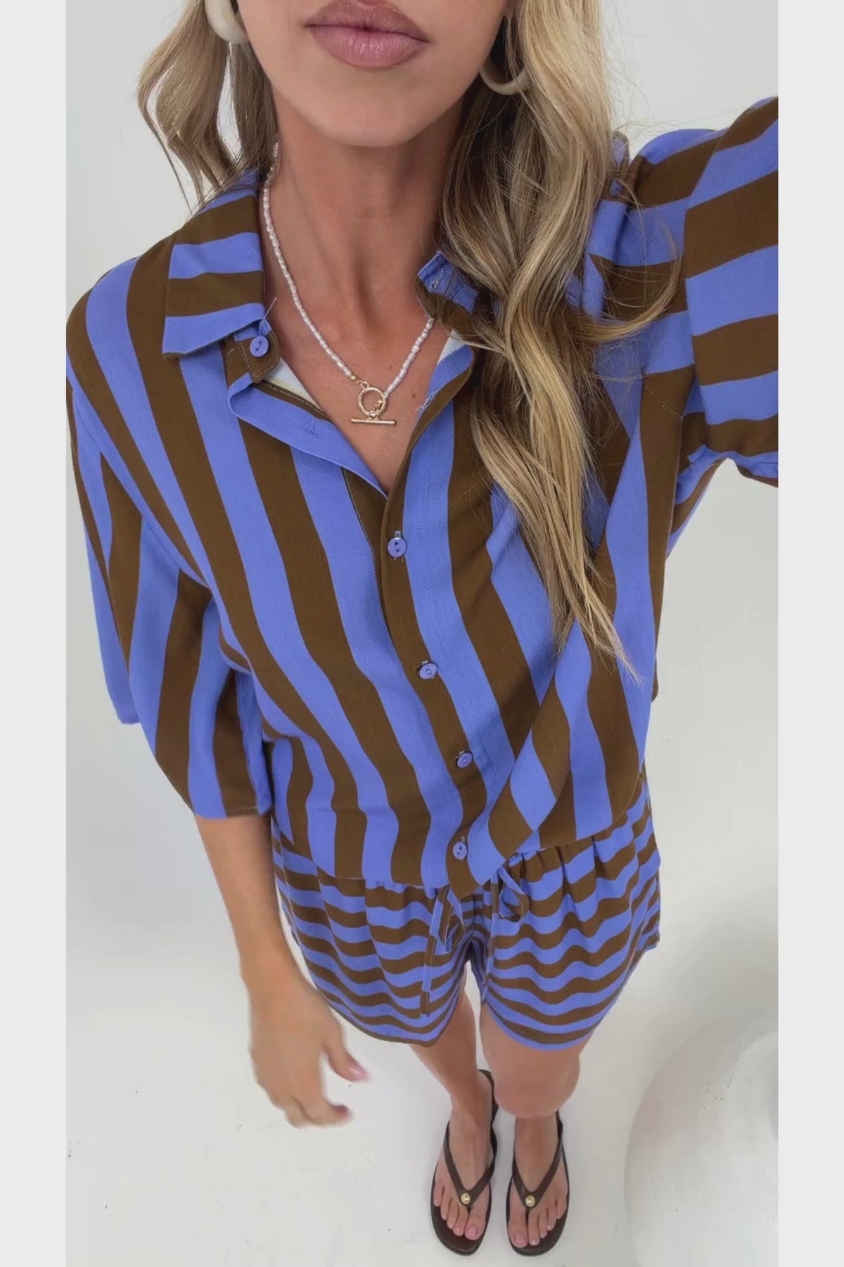 Mirian Button Up Shirt And Shorts Set in Blue Stripe