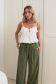 Leslie Linen Pants - Linen Elasticated Waist Straight Leg Pants in Khaki