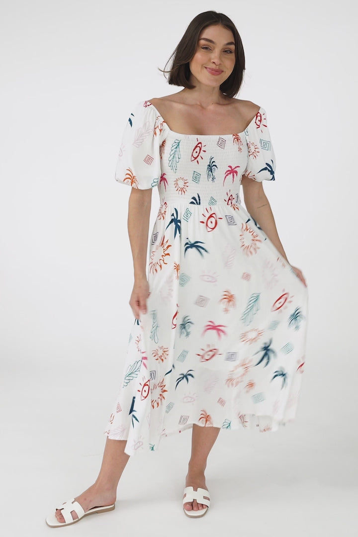 Shira Midi Dress - On Or Off Shoulder Elasticated Bodice Dress With Short Balloon Sleeves In Kalista Print White