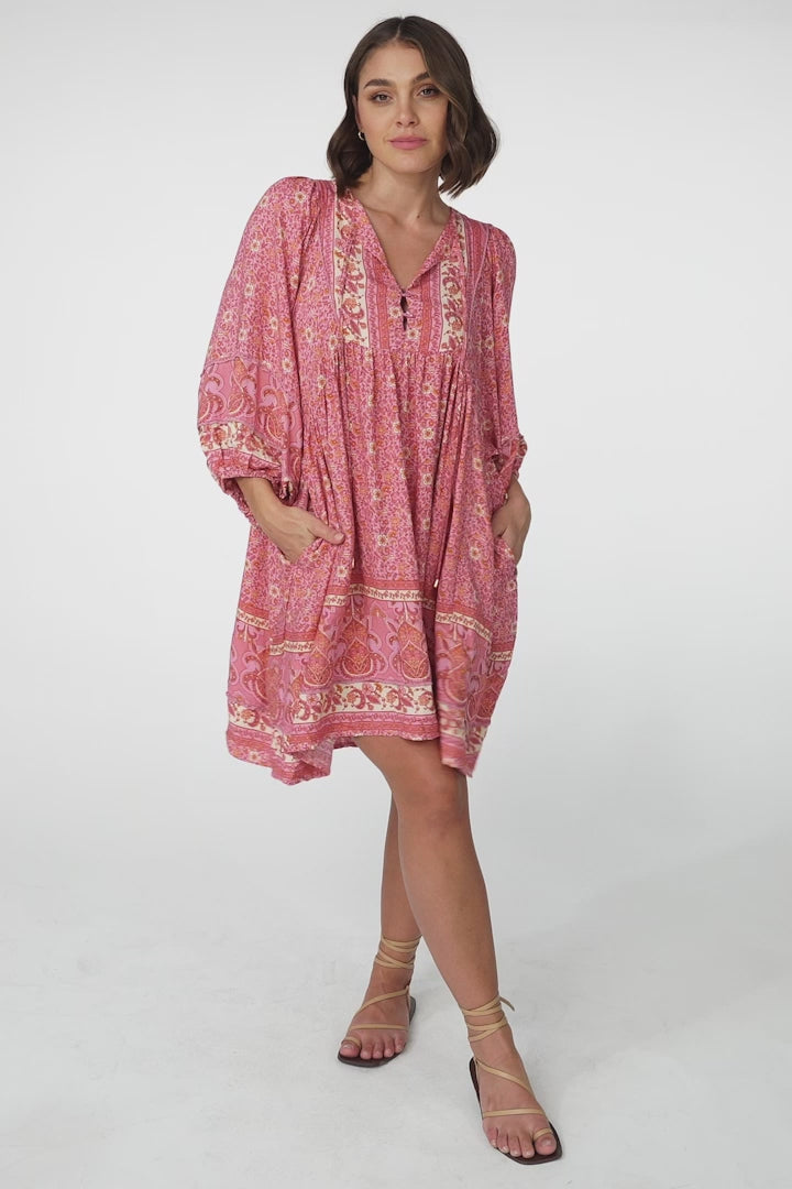 JAASE - Adela Mini Dress: Oversized Smock Dress with Batwing Sleeves in Strawberries and Cream Print