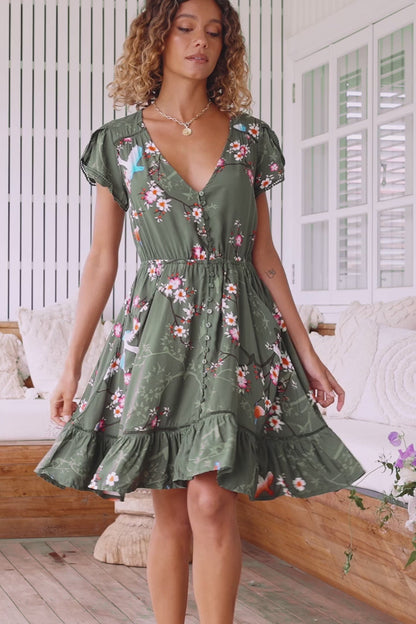JAASE - Lizzie Mini Dress: Butterfly Cap Sleeve Button Down Dress with Pockets in Birds Paradise Print