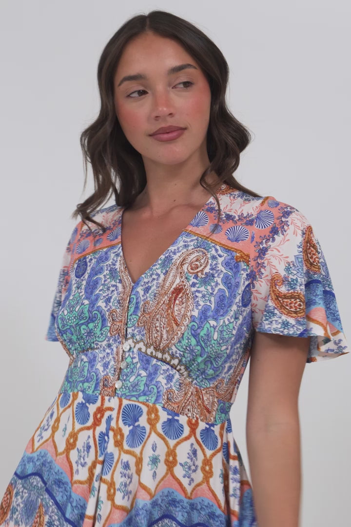 Libby Maxi Dress - Flutter Cap Sleeve Button Waist Detailed A Line Dress in Belly Print