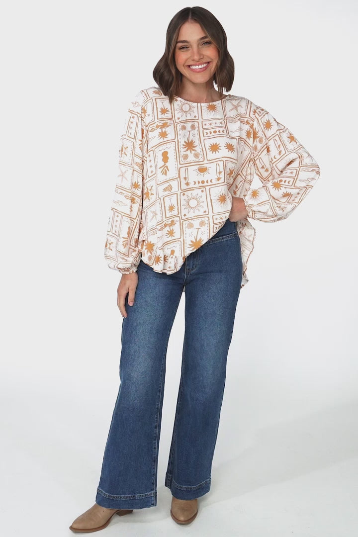 Lilah Blouse - Crew Neck High-Low Frill Hem Pull Over Blouse in Cailan Print White