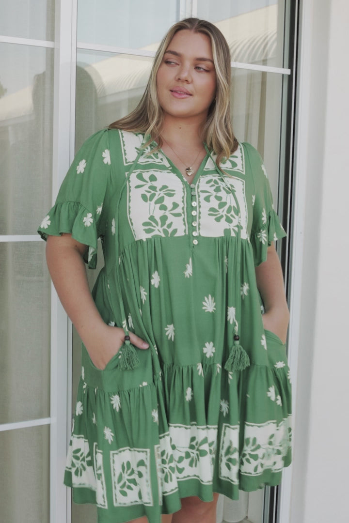 Abilia Mini Dress - Mandarin Collar Smock Dress in Lucinda Print Green