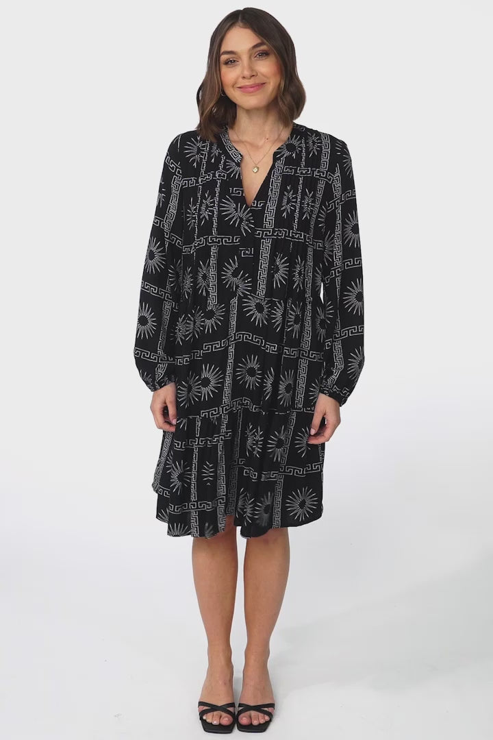 Donna Mini Dress - Mandarin Collar Pintuck Detailed Smock Dress in Astra Print Black