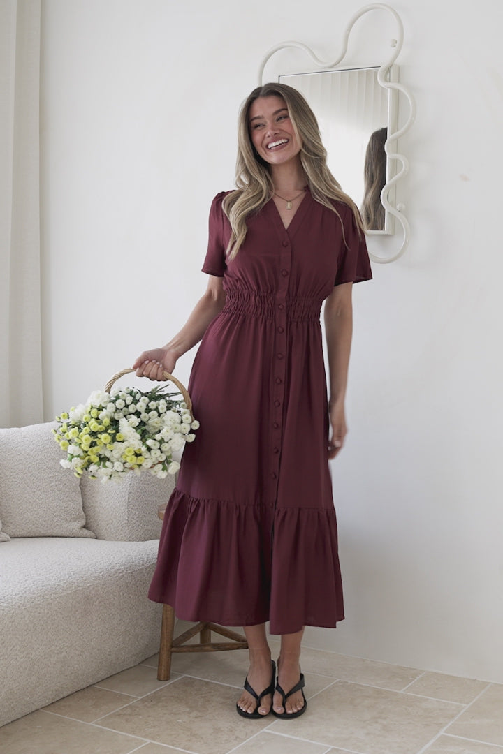 Paloma Midi Dress - Mandarin Split Collar A Line Button Down with Cap Sleeves in Wine