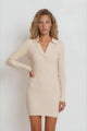 Rhode Mini Dress - Wing Collar Ribbed V Neck Knit Dress in Beige