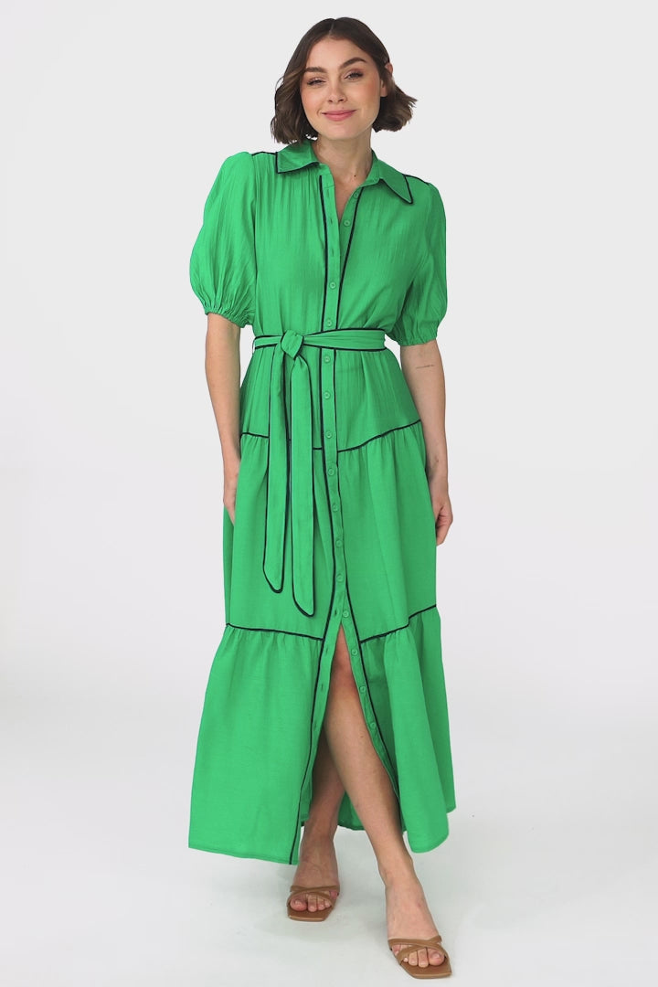 Valencia Maxi Dress - Collared Tiered Button Down Dress with Contrast Trim in Green