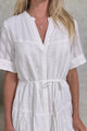 Wyanna Mini Dress - Mandarin Collar Button Down Tiered Dress with Waist Tie in White