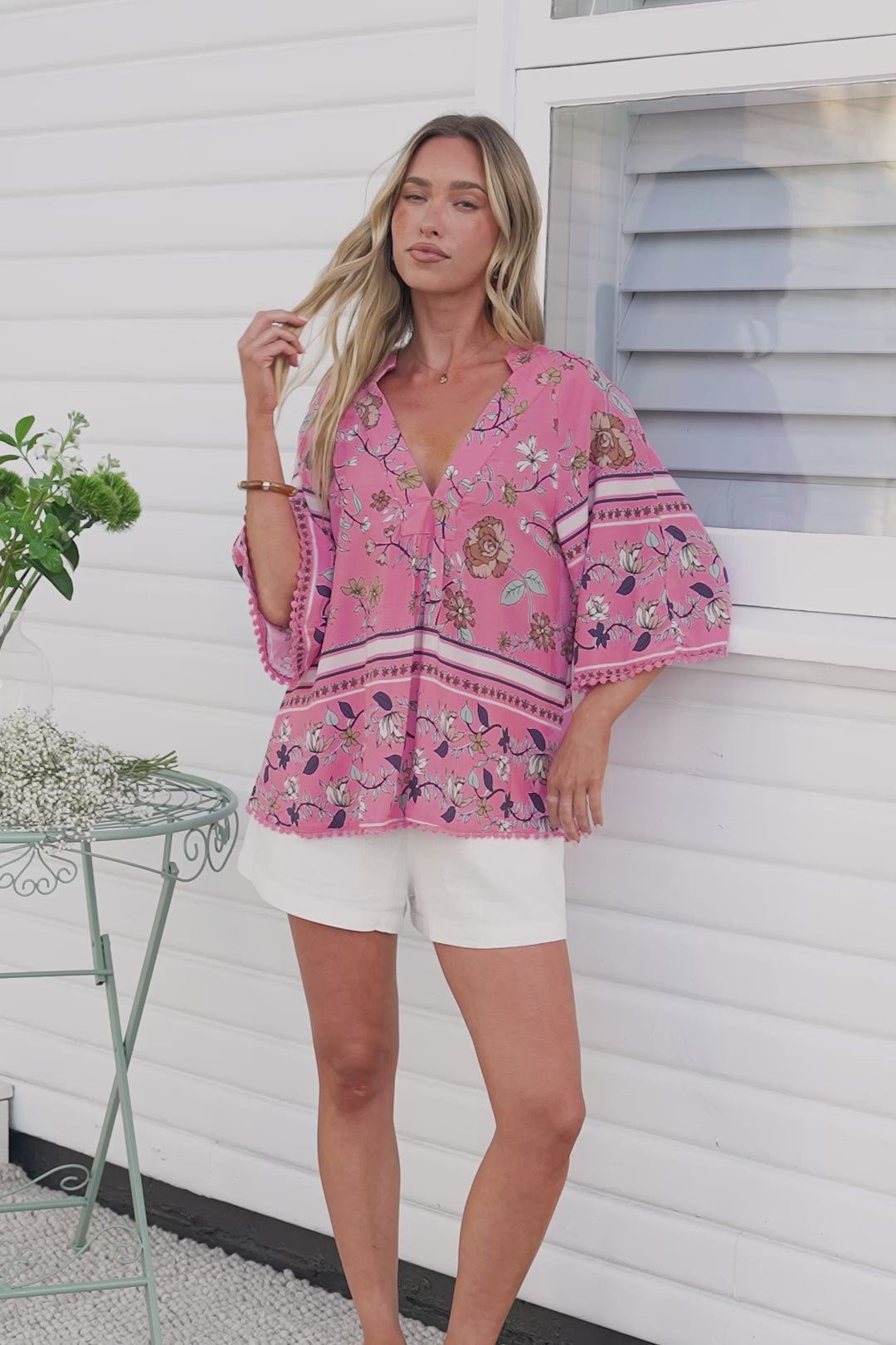 JAASE - Gabriella Top: Mandarin Collar Deep V Neck Crochet Trim Top in Elara Print
