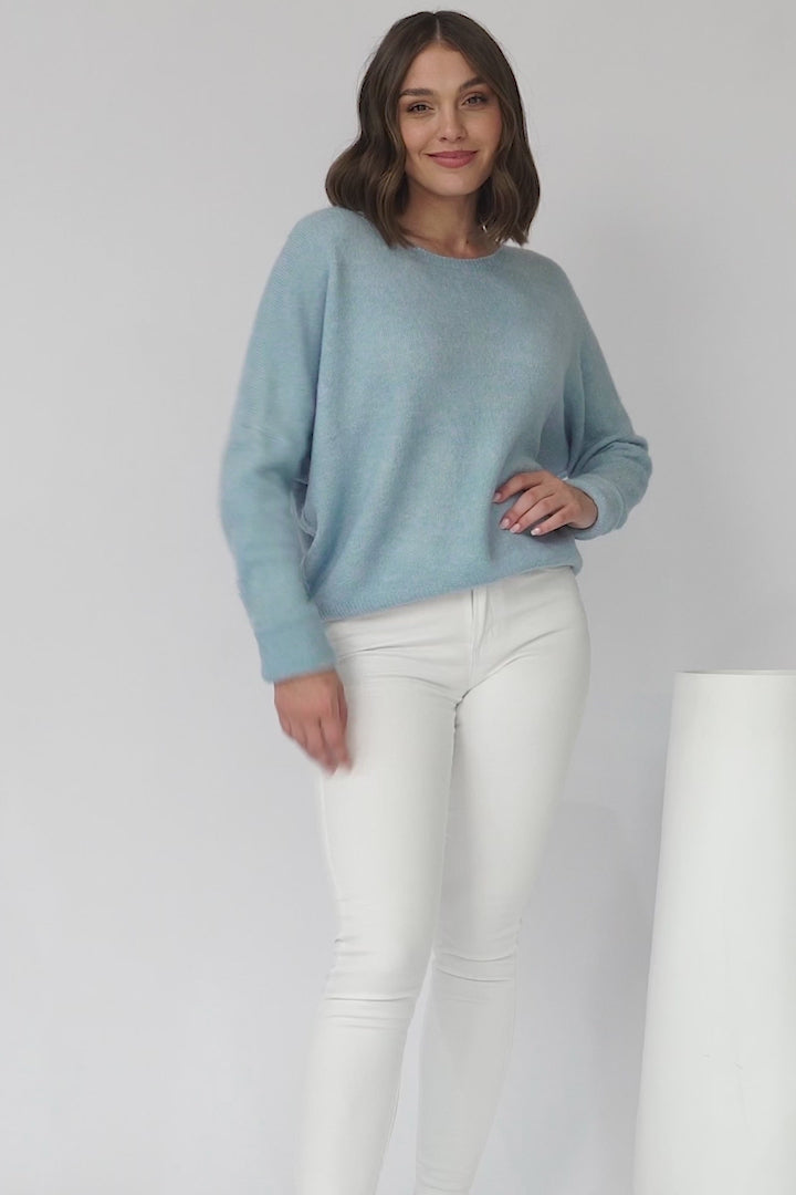 Joanne Knit Top - Crew Neckline Bat Wing Long Sleeve Top in Water Blue