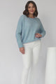 Joanne Knit Top - Crew Neckline Bat Wing Long Sleeve Top in Water Blue