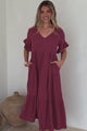 Audrina Midi Dress -  V-Neck Tiered Linen Dress with Pockets in Burgundy