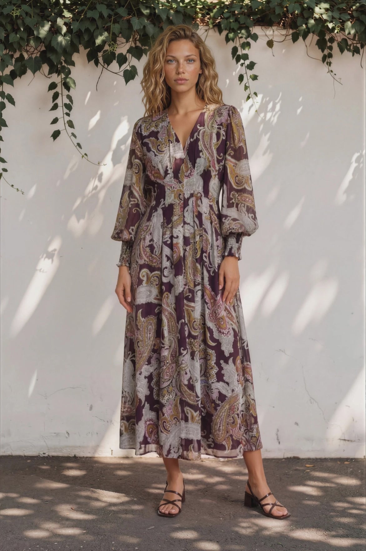Vinia Maxi Dress - V Neckline Dress with Long Balloon Sleeves in Woodstock Print