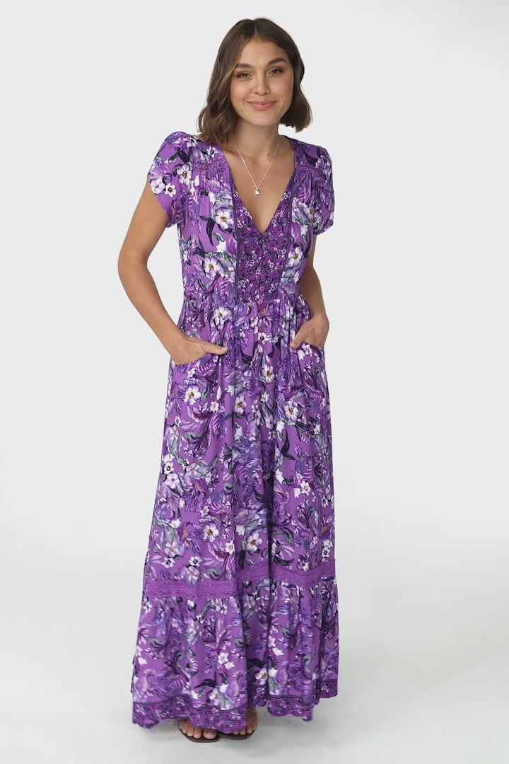 JAASE - Carmen Maxi Dress: Butterfly Cap Sleeve Button Down A Line Dress with Lace Trim in Rhodium Print