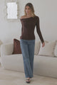 Lissa Top - Folded Asymmetric Neckline Long Sleeve Top in Chocolate