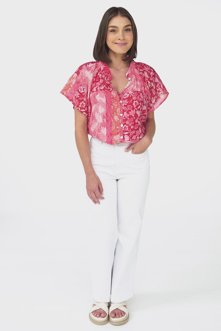 Daisy Blouse - Mandarin Collar Button Down Scoop Hem Blouse in Ita Print Pink