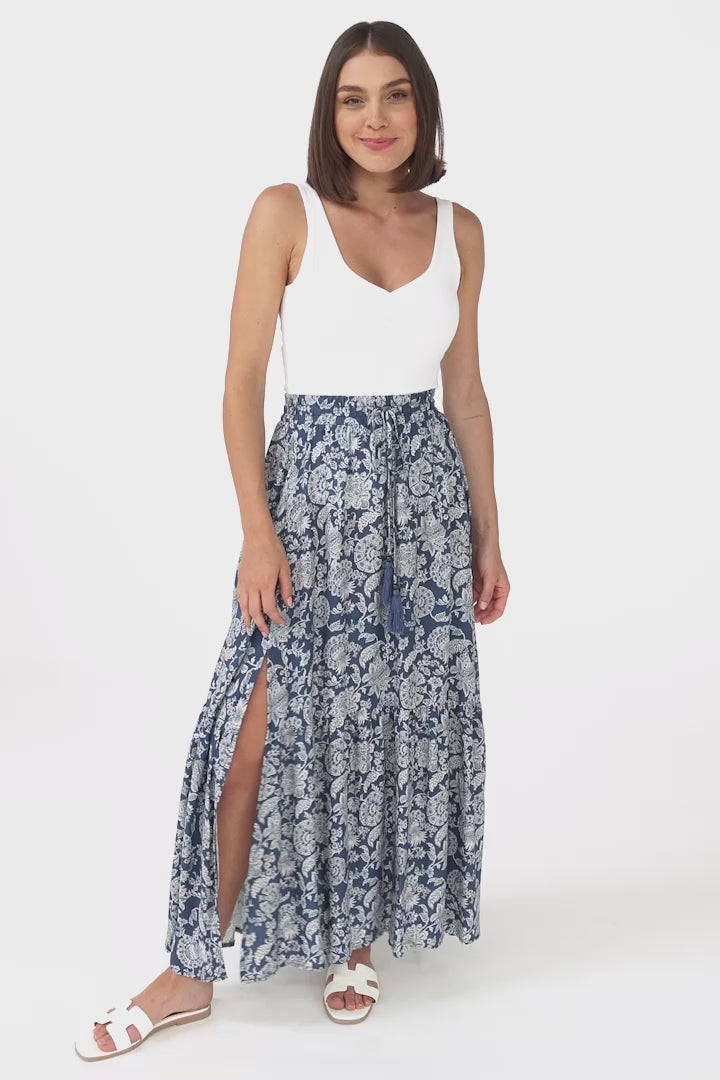 Hellen Maxi Skirt - High Waisted Skirt with Front Splits in Brulette Print Blue