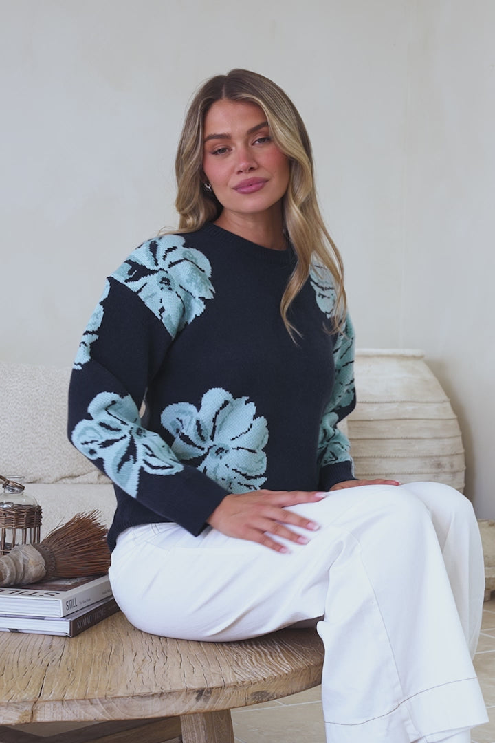Breezy Jumper - Crew Neck Long Sleeve Floral Knit with Ribbed Hemlines in Navy