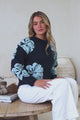 Breezy Jumper - Crew Neck Long Sleeve Floral Knit with Ribbed Hemlines in Navy
