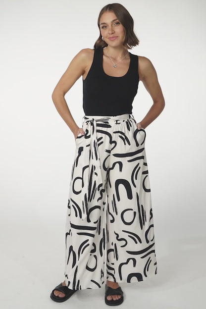 Emersyn Pants - Graphic Print Wide Leg Pants with Matching Belt in Off White