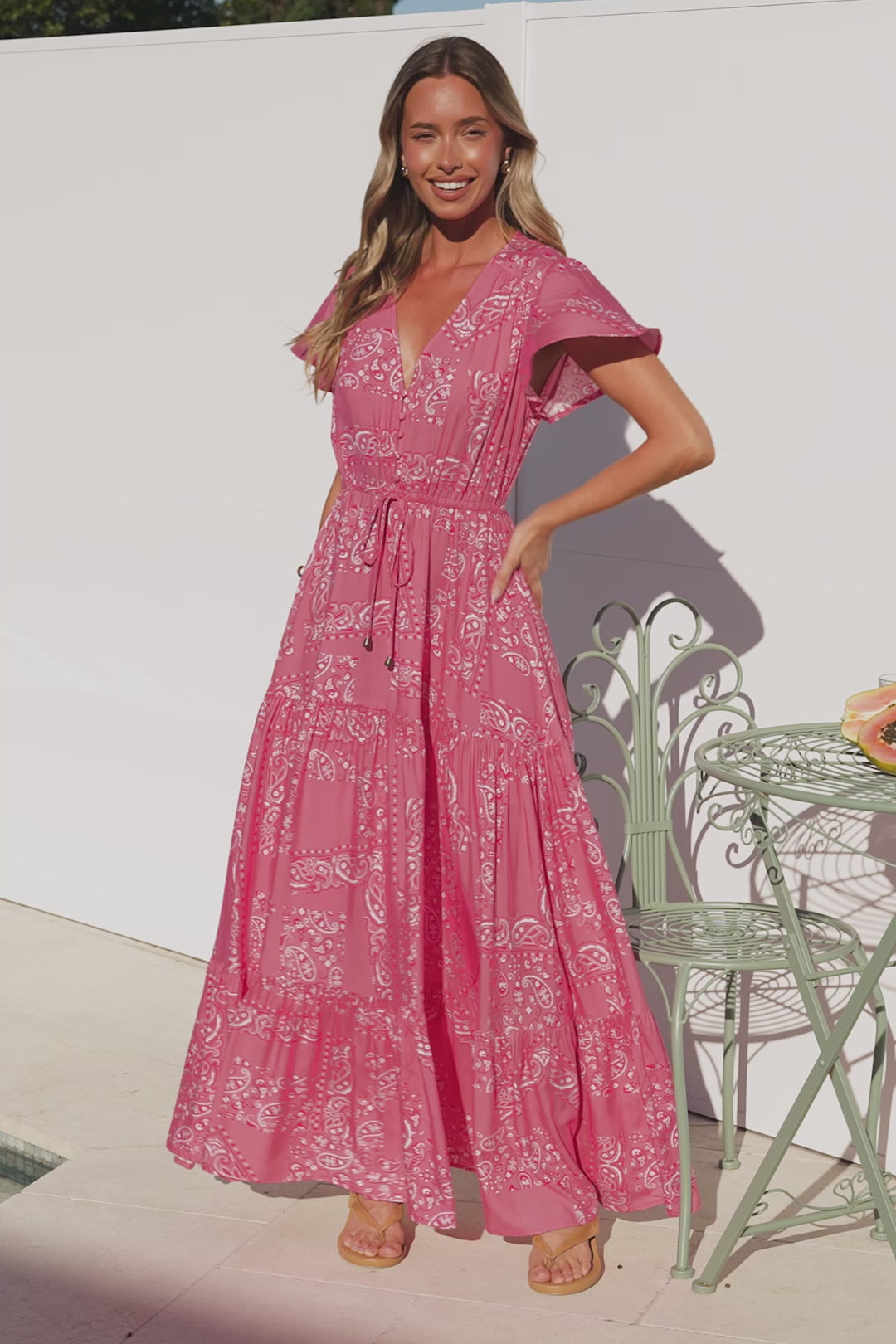 Hetta Maxi Dress - V Neck A Line Dress with Cap Flutter Sleeves in Verity Print