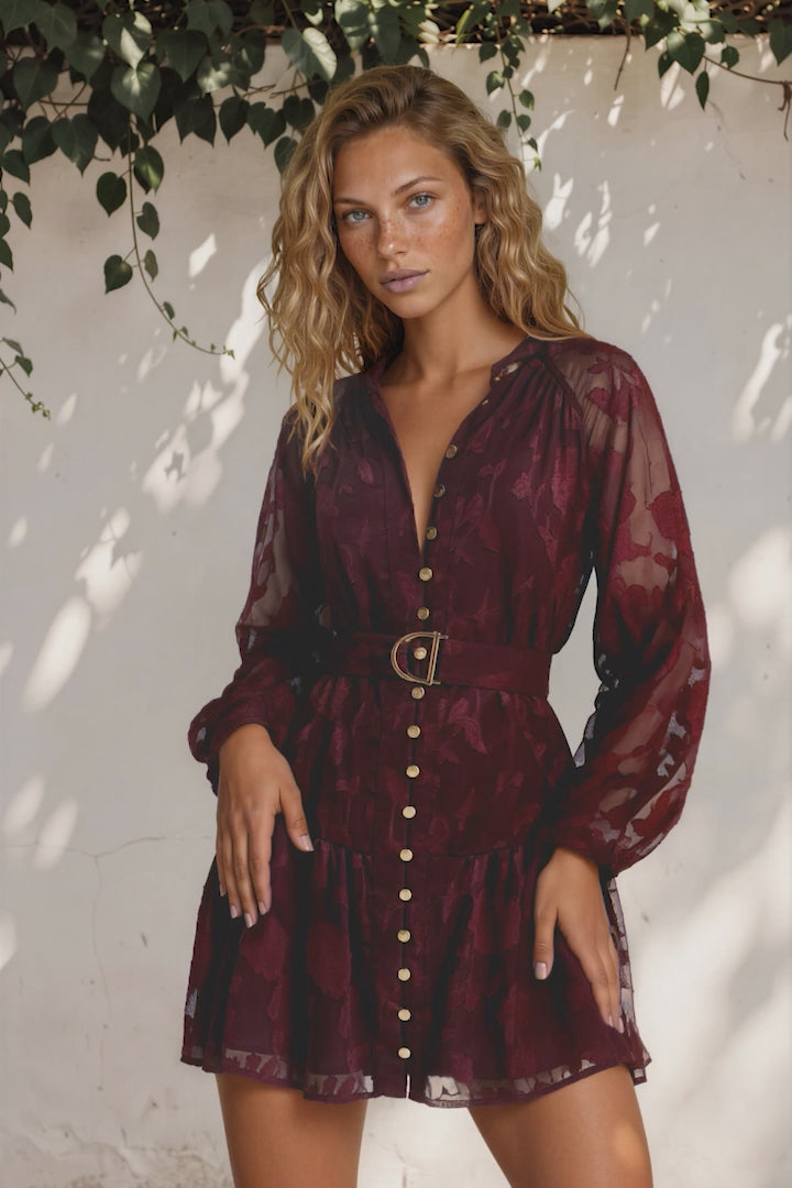 Solange Mini Dress - Floral Motif Overlay Front Button Placket Tiered Dress with Belt in Wine