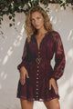 Solange Mini Dress - Floral Motif Overlay Front Button Placket Tiered Dress with Belt in Wine