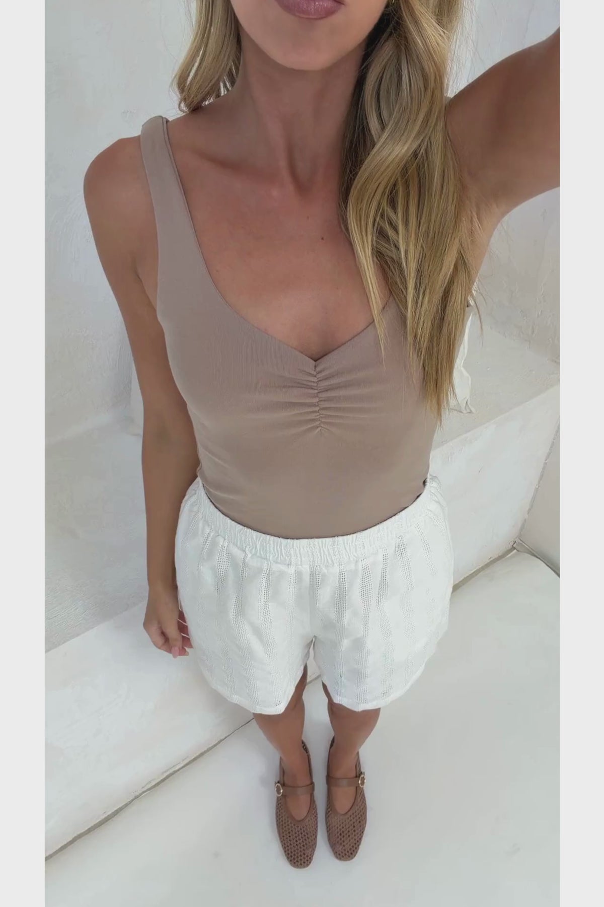Hester Shorts - Relaxed Elasticated Waist Textured Short with Pockets in White