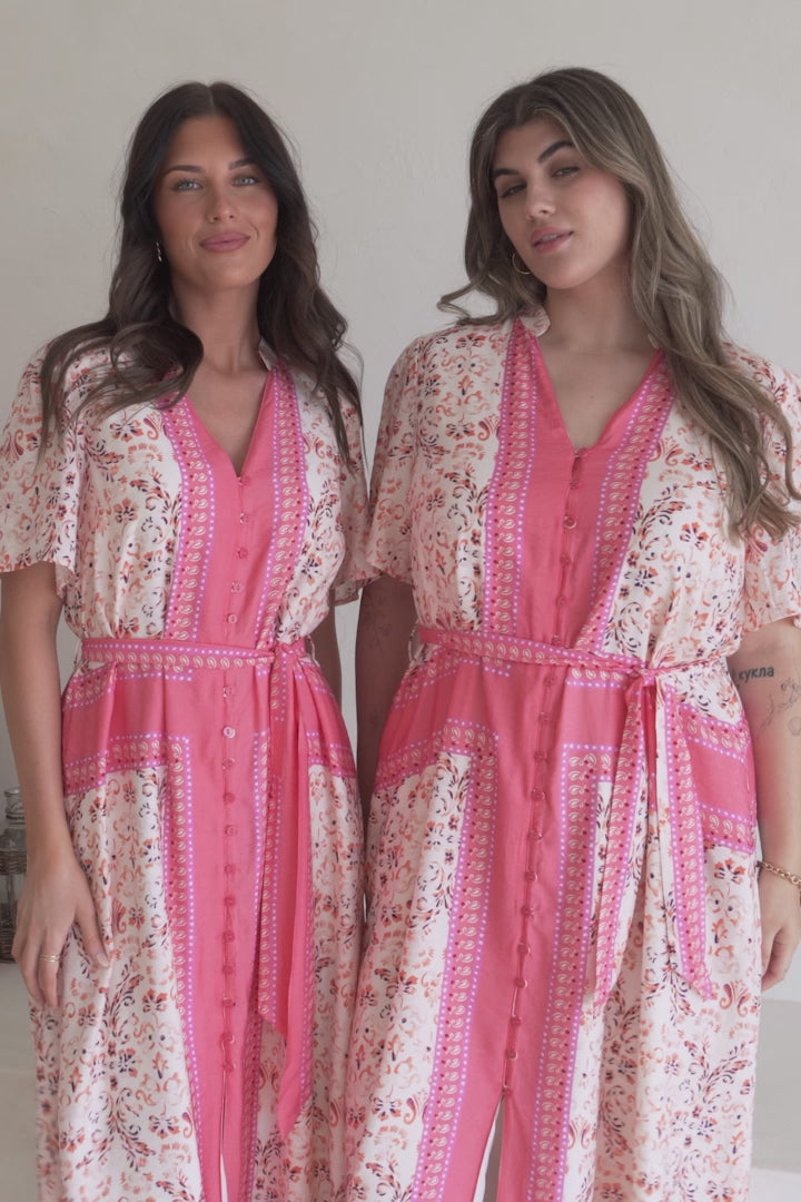 Marissa Midi Dress - Mandarin Collar Button Down Short Sleeve Dress in Thabita Print Pink