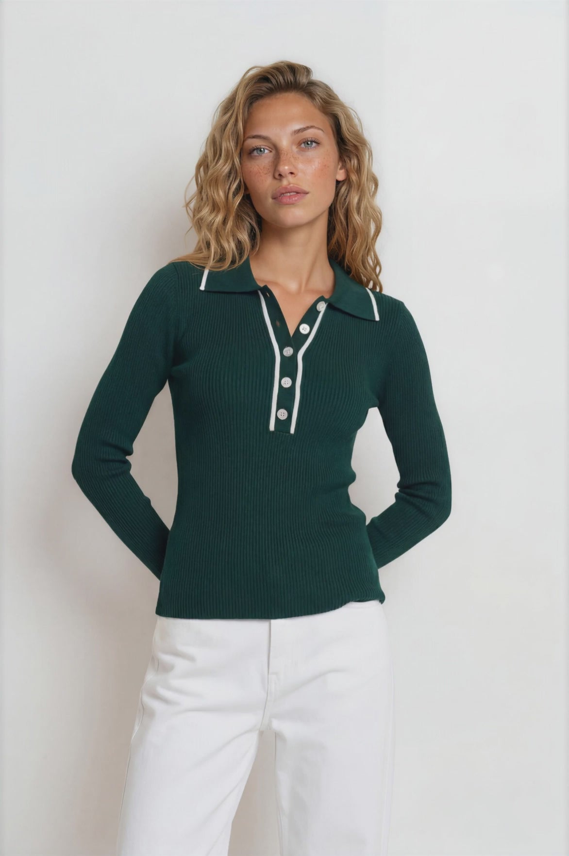 Landon Knit Top - Wing Collar Ribbed Knit with Contrast Trims and Buttoned Neckline in Evergreen