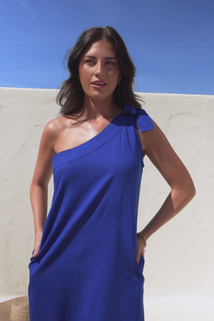Tia Maxi Dress - One Shoulder with Tie Sun Dress in Electric Blue