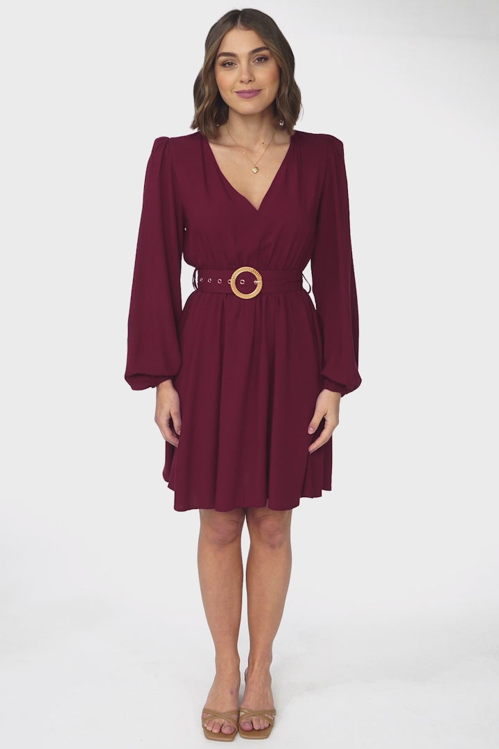 Lyna Mini Dress - A Line Dress with Statement Rattan Buckle Belt in Wine