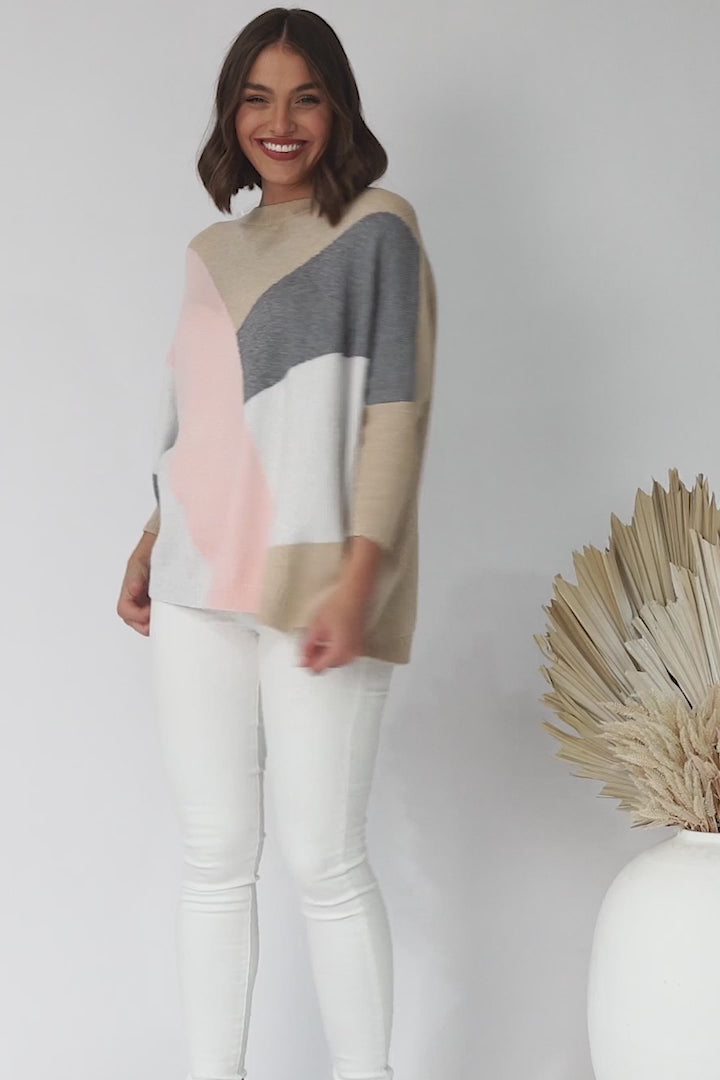 Reed Jumper - Colour Block Batwing Long Sleeve Knit in Beige