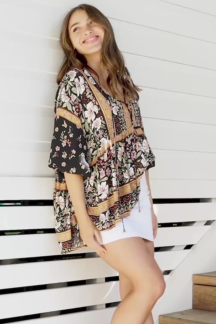 JAASE - Chloe Top: Very Oversized Crochet Trim Neckline Smock Top in Eternity Print