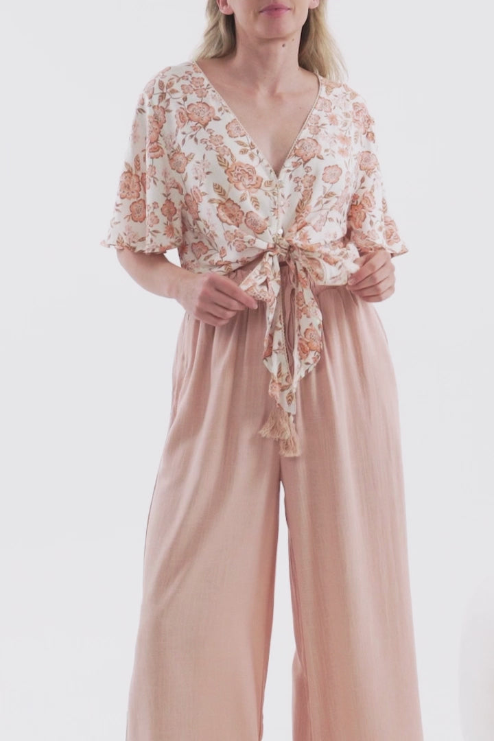 Emani Top - Cape Sleeve Crochet Trim Tie Front Top in Bindy Print