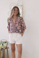 Elysia Blouse - Deep V Neck Button Down 3/4 Sleeve Top in Leandra Print