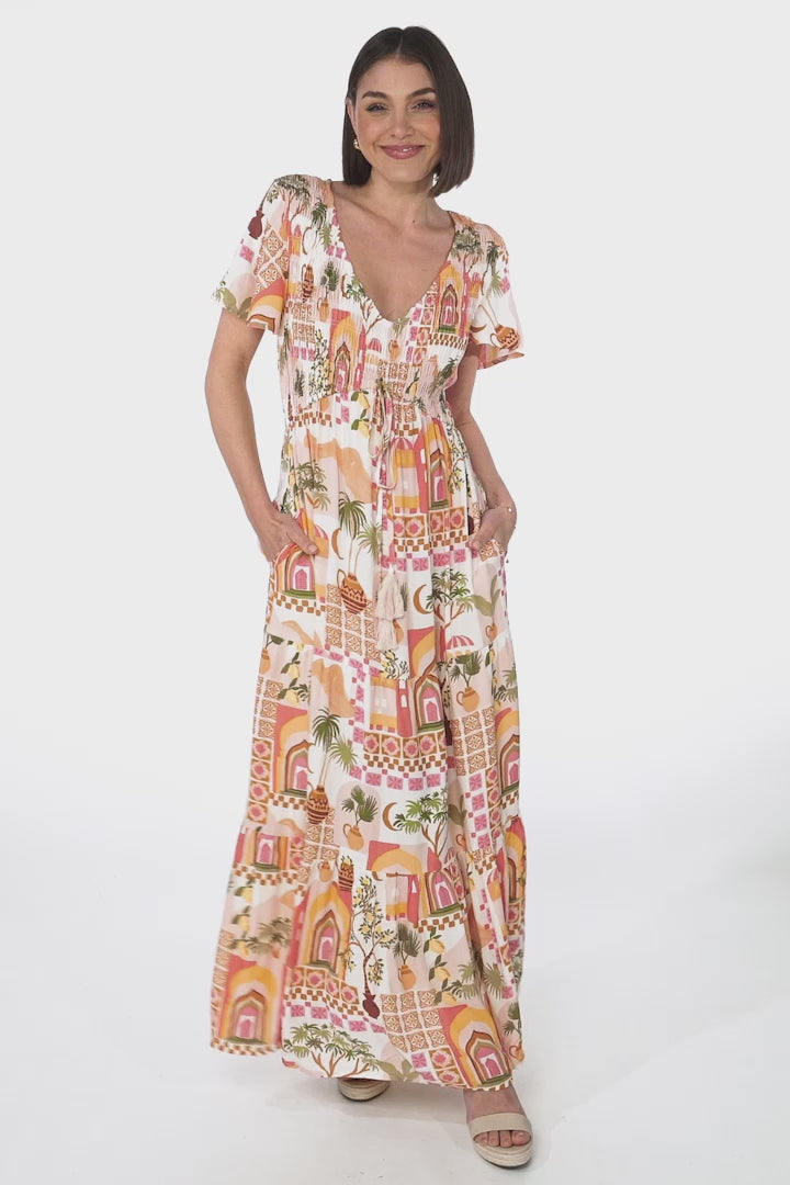 Amaya Maxi Dress - Shirred Cap Sleeve A Line Dress in Baroa Print