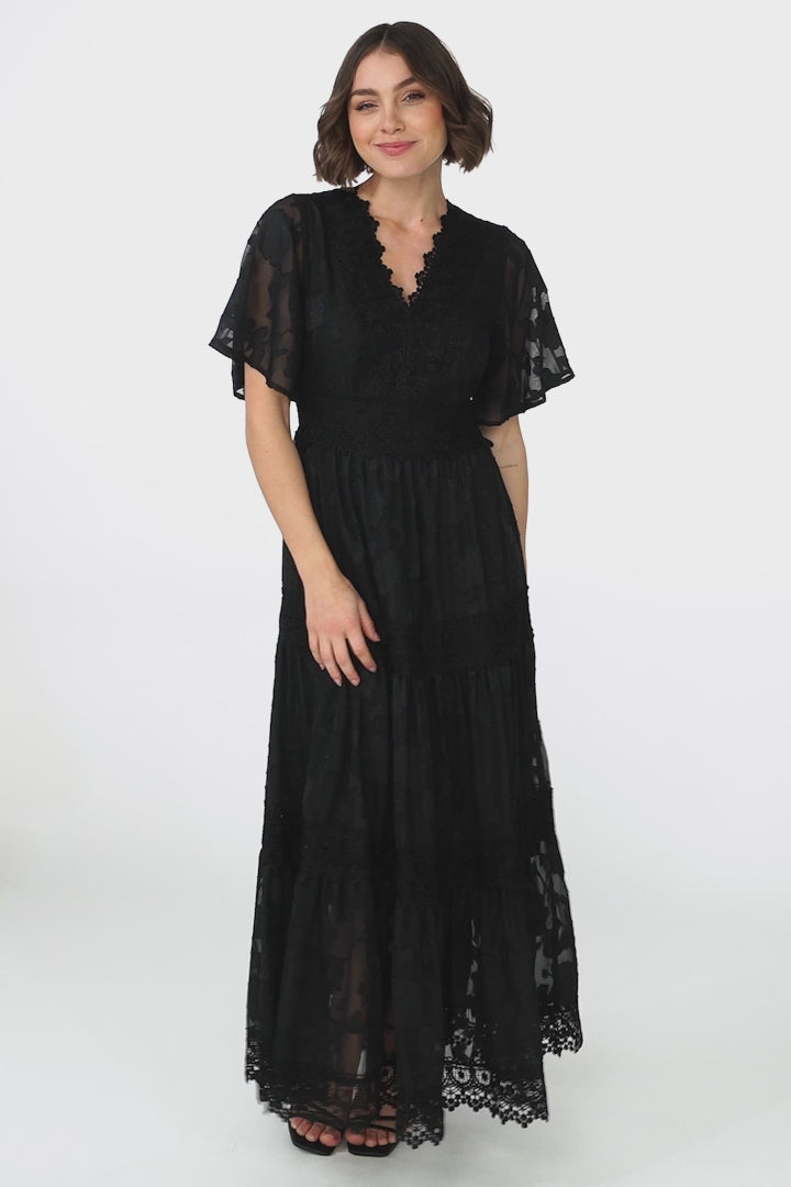 Madeline Maxi Dress - Lace Trim Embroidered A Line Dress in Black