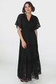 Madeline Maxi Dress - Lace Trim Embroidered A Line Dress in Black