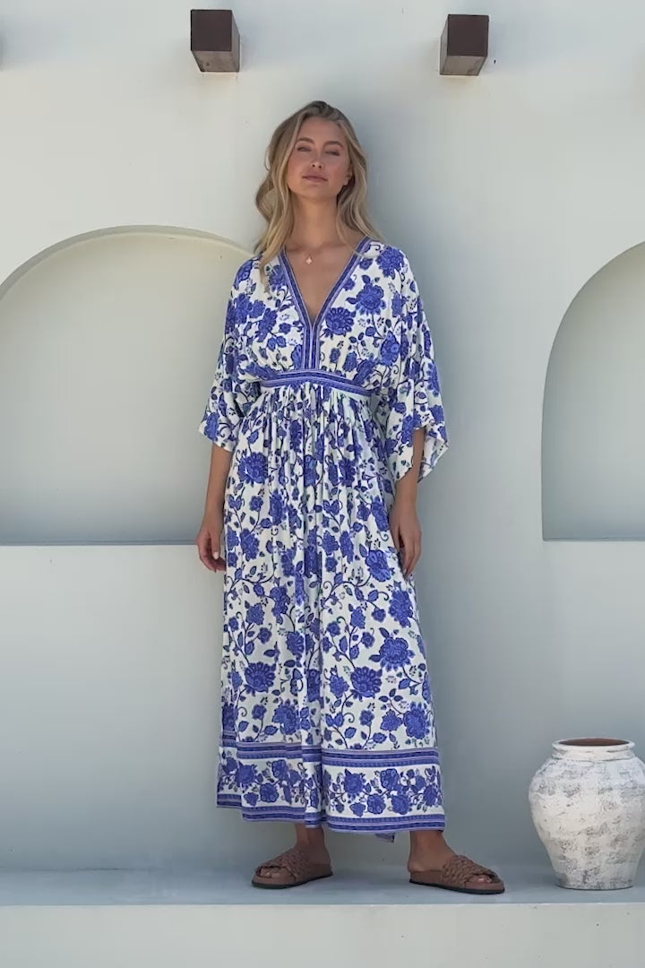 Zelle Maxi Dress - V Neck Batwing Sleeve Dress with Side Splits in Kailin Print Blue