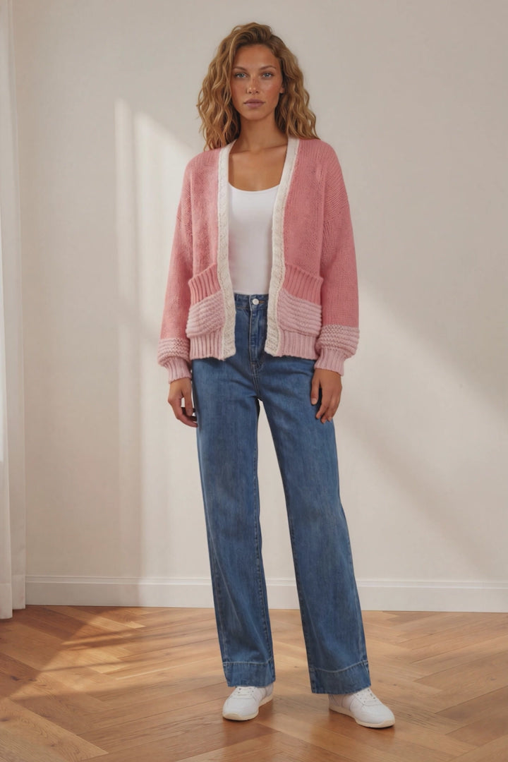 Isa Cardigan - Colour Block Open Knit in Pink