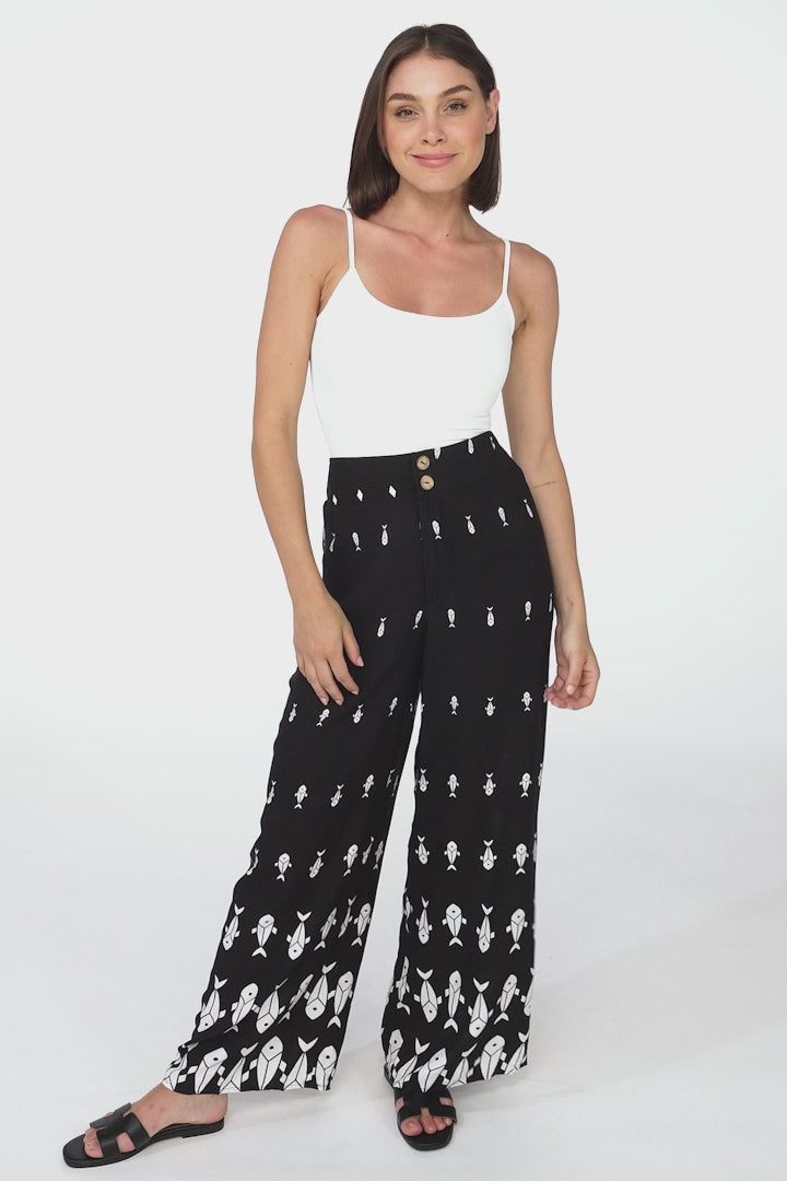 Ayla Pants - High Waisted Button Detail Straight Leg Pants in Ariel Print Black