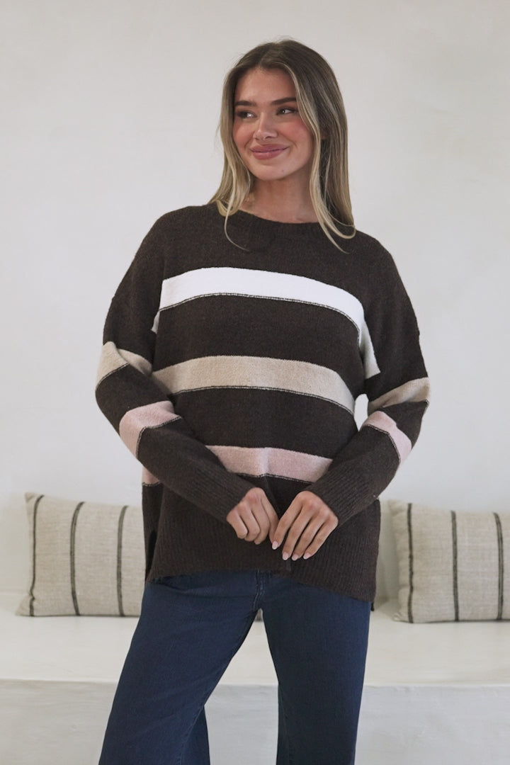 Wendi Jumper - High-Low Stripe Wool Blend Jumper in Chocolate