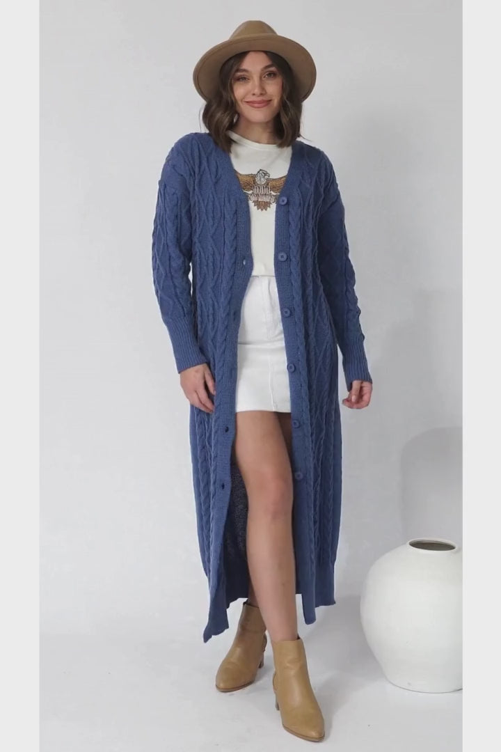 Tommy Cardigan - Long Line Cable Knit Cardigan in Denim Blue